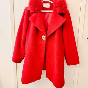 Elegant Red Women's Pea Coat with Faux Fur Collar